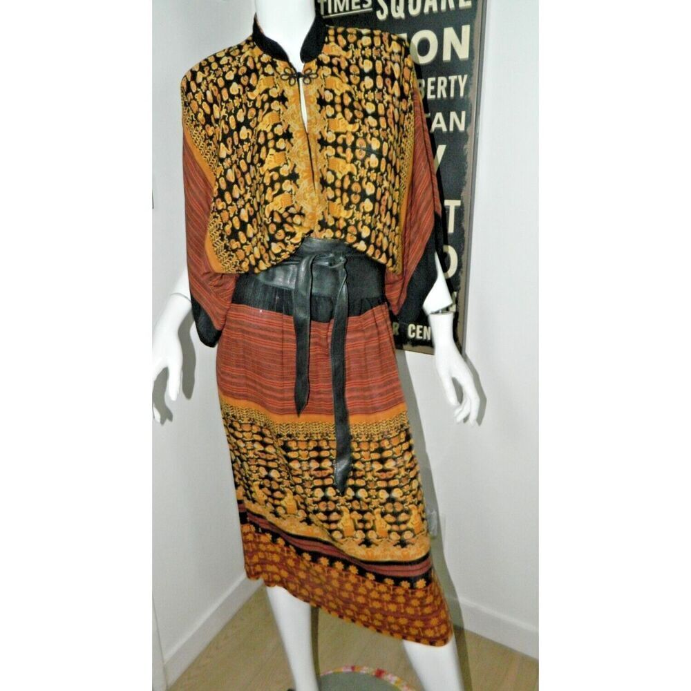Phoebe Dress‎ Size Small Mandarin Collar Orange Black Vintage Asian Lagenlook